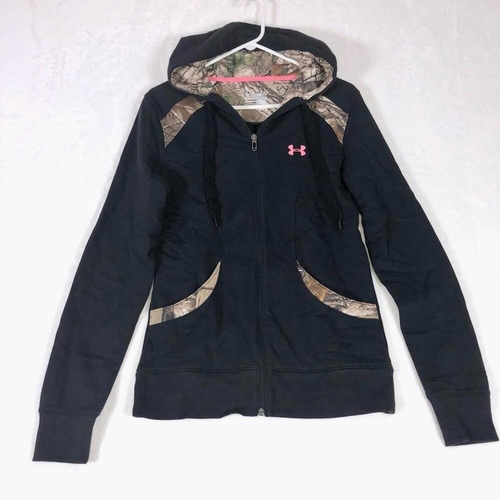 Under Armour Black SZ M Full Zip Outdoors Camouflage Hunting Hoodie Pink Logo